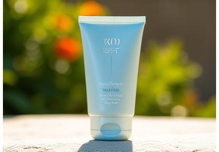 A tube of mineral sunscreen prominently displaying SPF, set against a bright, sunlit Austin outdoor background with hints of greenery, suggesting protection.