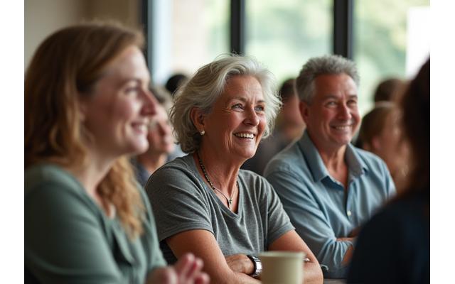 Diverse group of adults interacting positively in a modern Austin community space, symbolizing wellness conversations