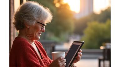 Woman enjoying morning coffee while reading a health blog on a tablet, with views of the Austin skyline