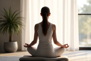 A person in a calm, meditative pose in a modern, serene indoor space, emphasizing mindfulness and relaxation.