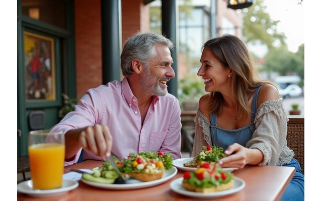 Couple enjoying healthy meal at outdoor cafe in South Congress, Austin, with vibrant street art in background.